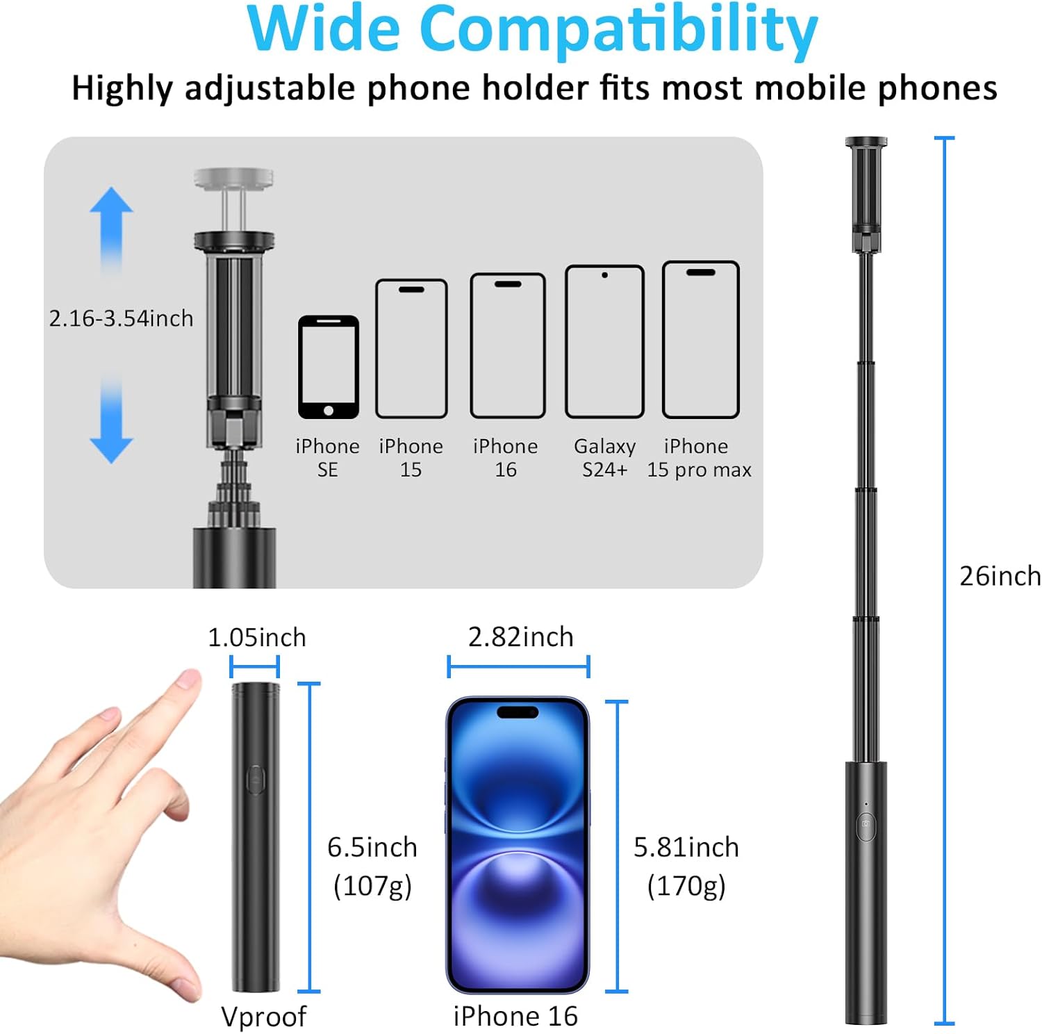 Diagram showing the adjustable phone holder's dimensions and compatibility with various phone sizes.
