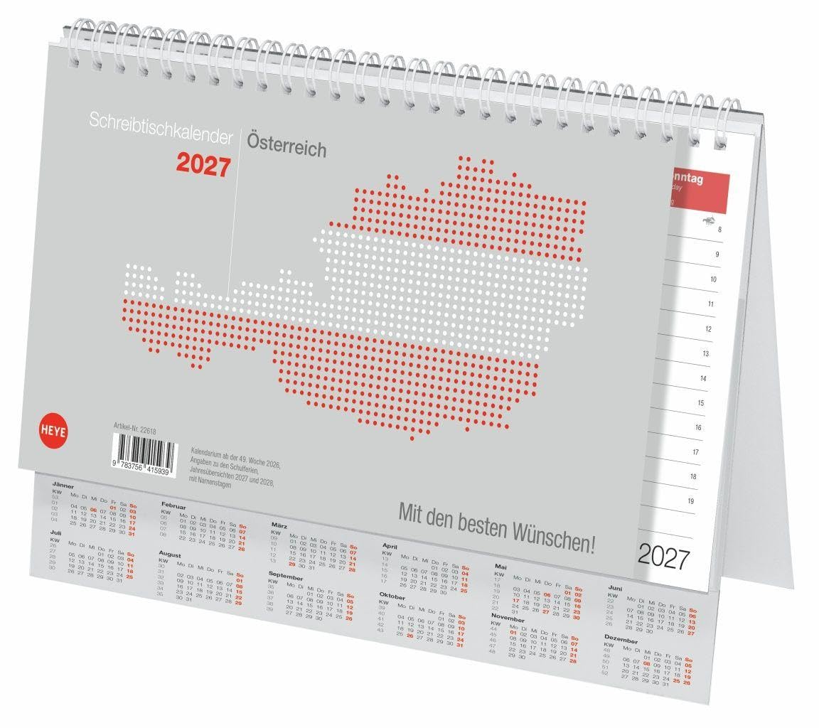 Schreibtischkalender Österreich groß 2027: Tischkalender zum Aufstellen. Klappkalender mit österreichischen Feiertagen und Schulferien. 29 x 21 cm.