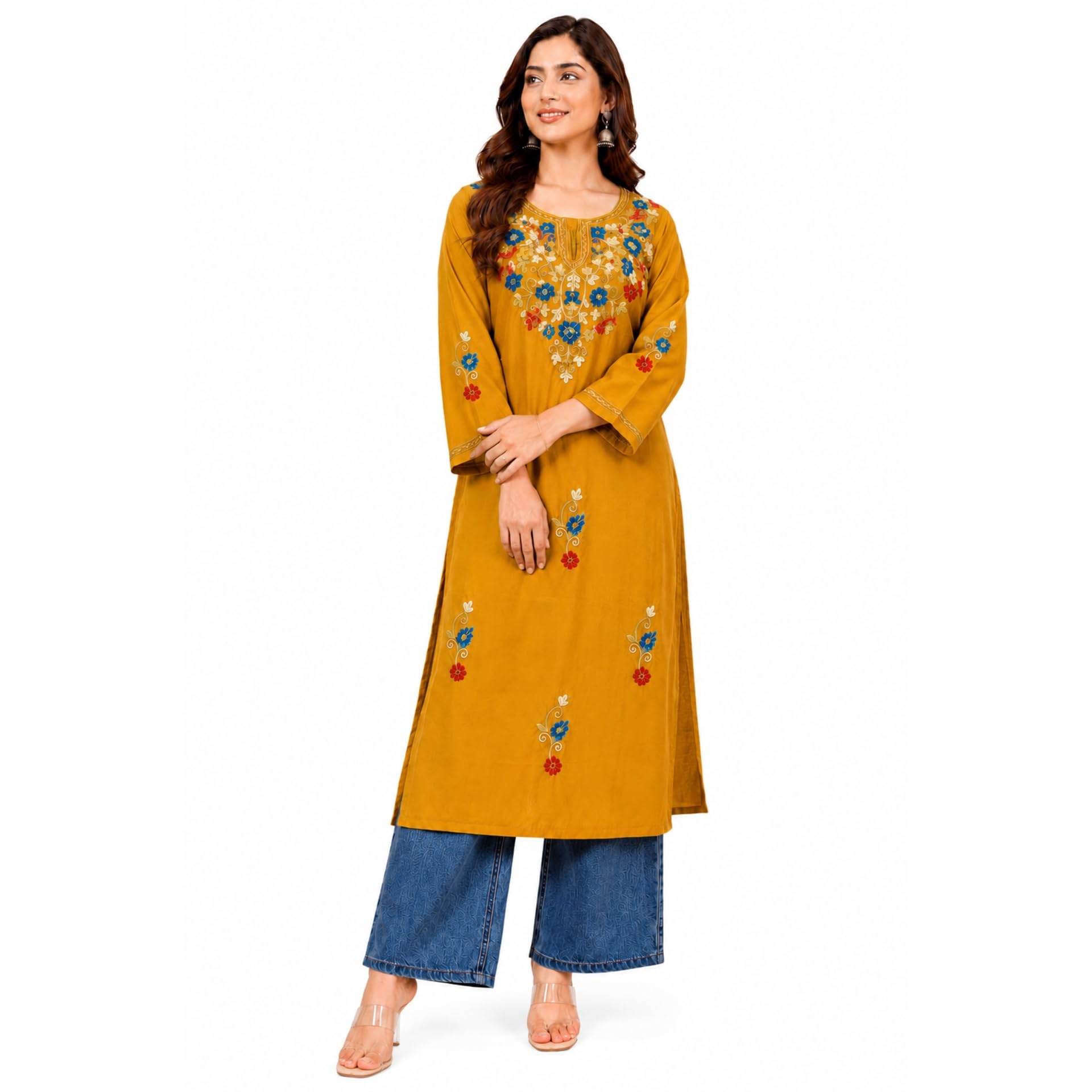 Women Rayon Embroidered Kurti with Floral Neck Design | Straight Fit Casual Office Wear Kurta for Women | Mustard Yellow-picture-12