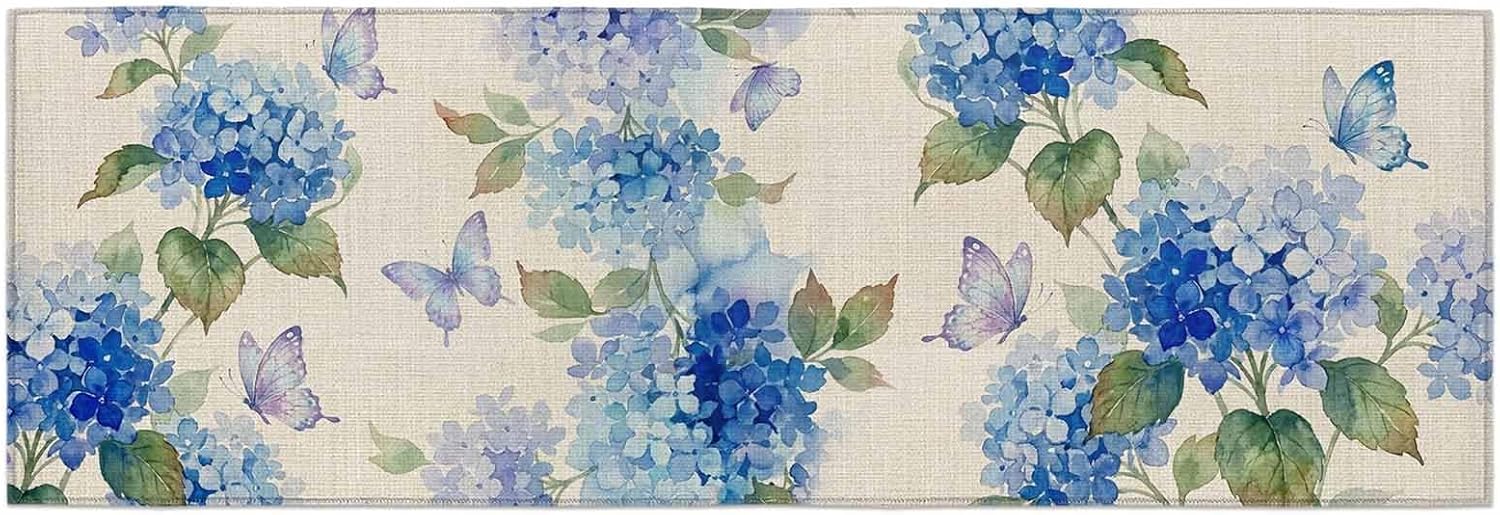 Kitchen Mats for Floor Spring Watercolor Hydrangea Washable Non Slip Kitchen Rugs 1PCS, Retro Flower Butterfly on Burlap Absorbent Standing Mats for Sink Bathroom Office Living Room 15.7x47.2in