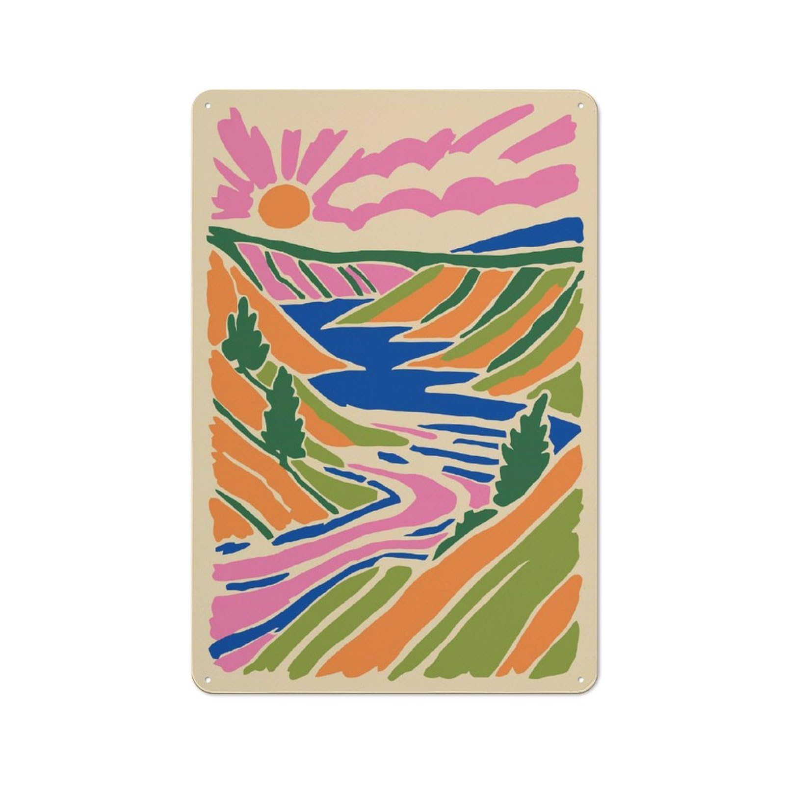 Junmoney Style-19 Casual Vibrant Abstract Landscape With River And Sun Shed Metal Sign 30X20cm, Utility Space Decor For Shed, Garden Room, Porch Or Garage