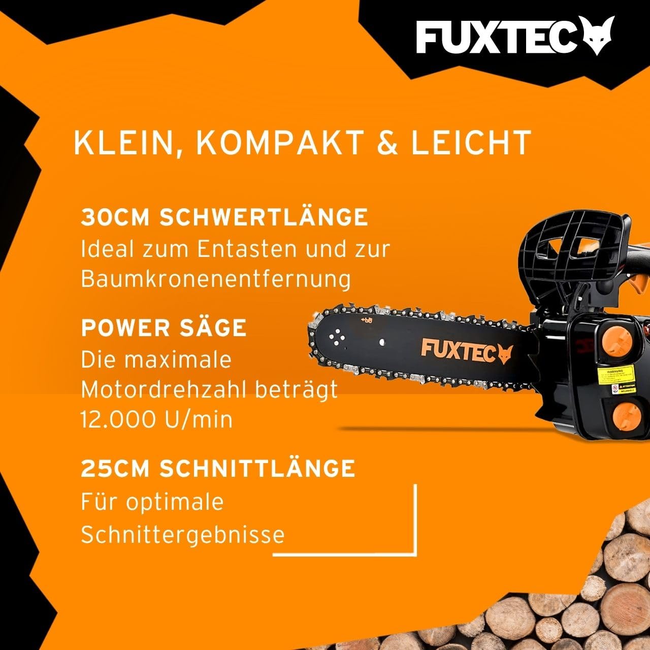 FUXTEC Benzin Baumpflegesäge FX-KS226 Kettensäge 25,4ccm – Schwertlänge 30cm – Motorsäge Top Handle/Einhandsäge