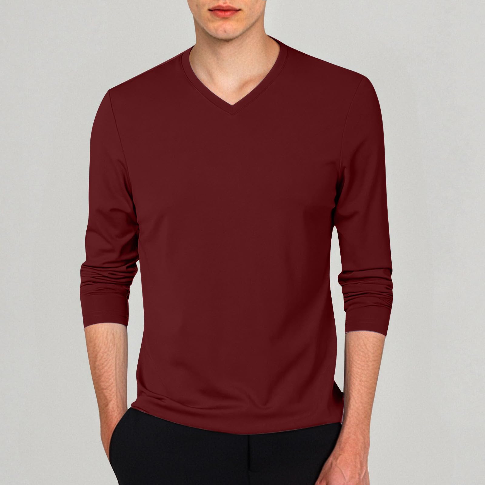 2026 T-shirt léger à manches longues avec col en V pour homme Coupe ajustée