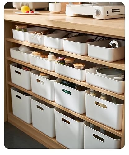 Amyup Set Of 4 Plastic Storage Bins,13.8×10×3.3 inch Versatile Kitchen Pantry Organization and Storage,for Plastic Storage Container Under Bed,Under Sink Bathroom Organizer (White, 4 XM) - Image 6