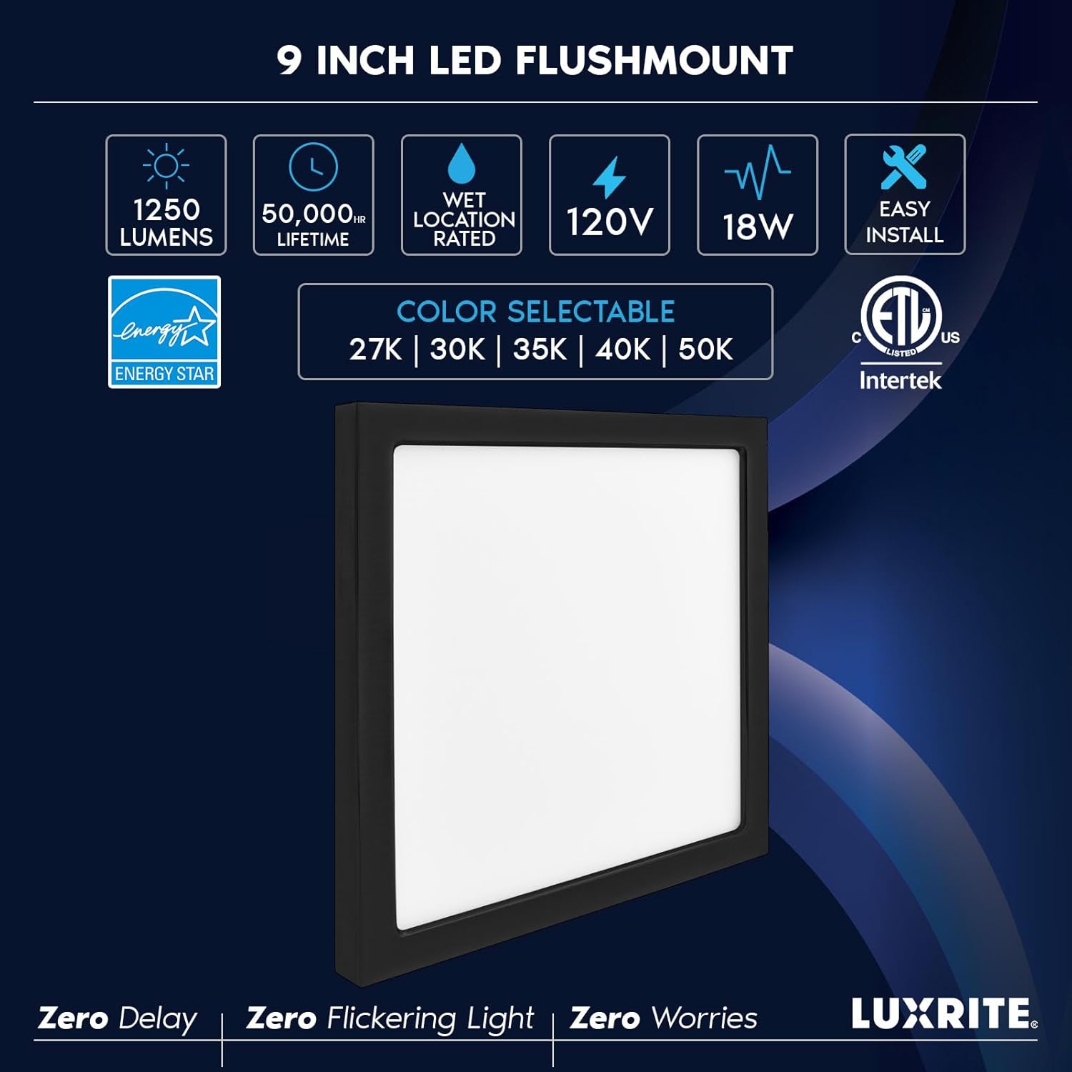 LUXRITE Slim 9 Inch Square LED Flush Mount Ceiling Light, 18W 1250LM, 5CCT 2700K 3000K 3500K 4000K 5000K, Dimmable LED Ceiling Light, Wet Rated, Energy Star, ETL Listed - Black (2 Pack)