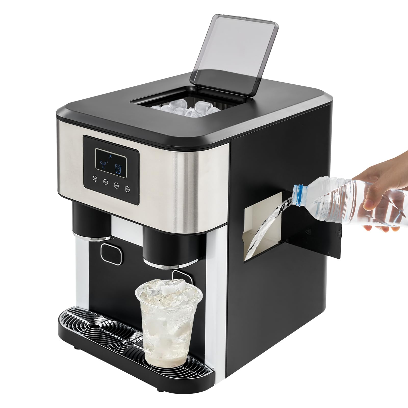 Macchina per ghiaccio 3 in 1, multifunzione, da tavolo, 240 V, con finestra di visualizzazione, cubetti di ghiaccio, ghiaccio tritato, acqua fredda, ciclo di 7-9 minuti, display LCD, in acciaio inox