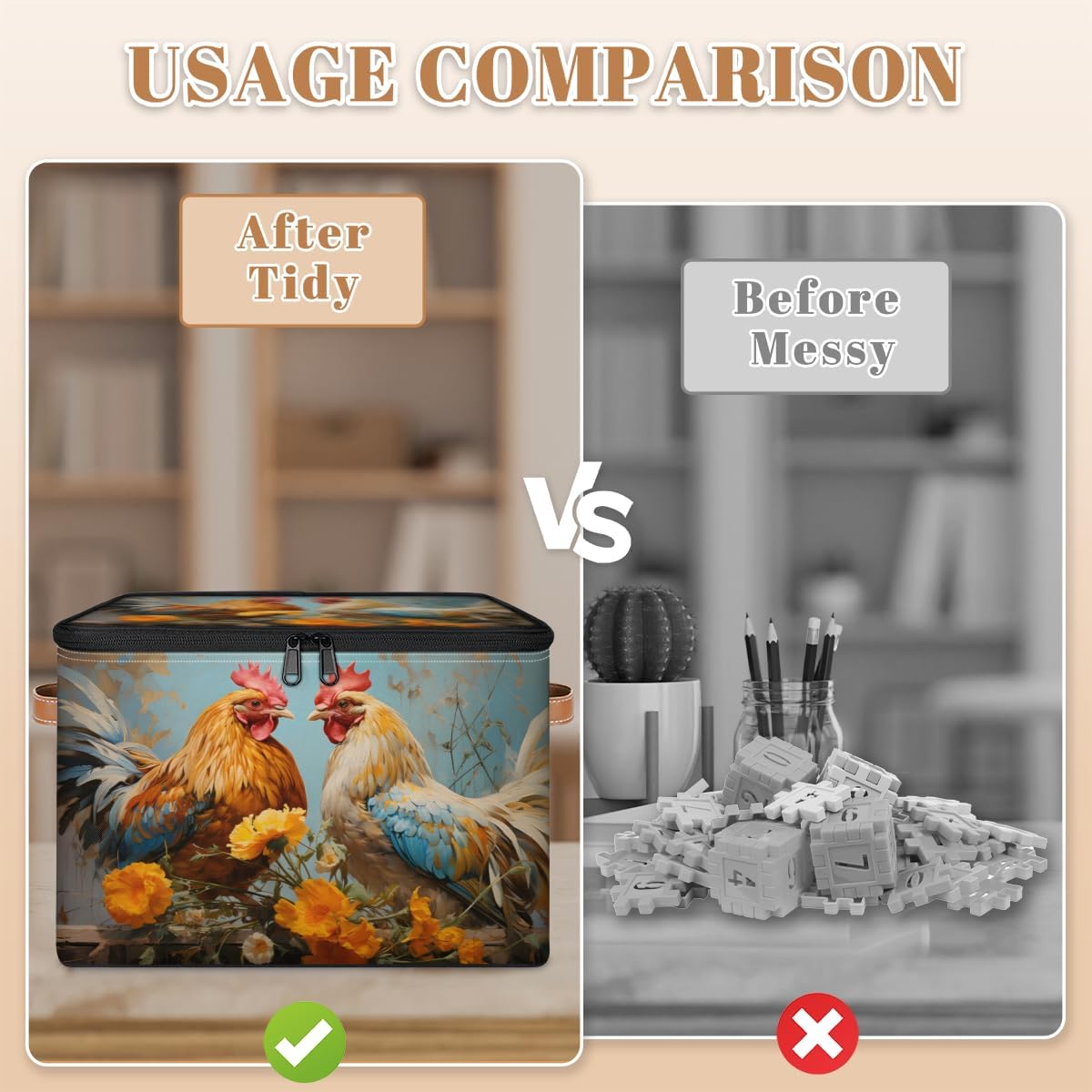 Storage Bin Set of 2 Yellow Flower Rooster Storage Basket with Zipper Lid & Handle Foldable Closet Shelf 2 Pack Cloth Organizer Basket Cube Bins Clothes Organizer for Bedroom, Nursery