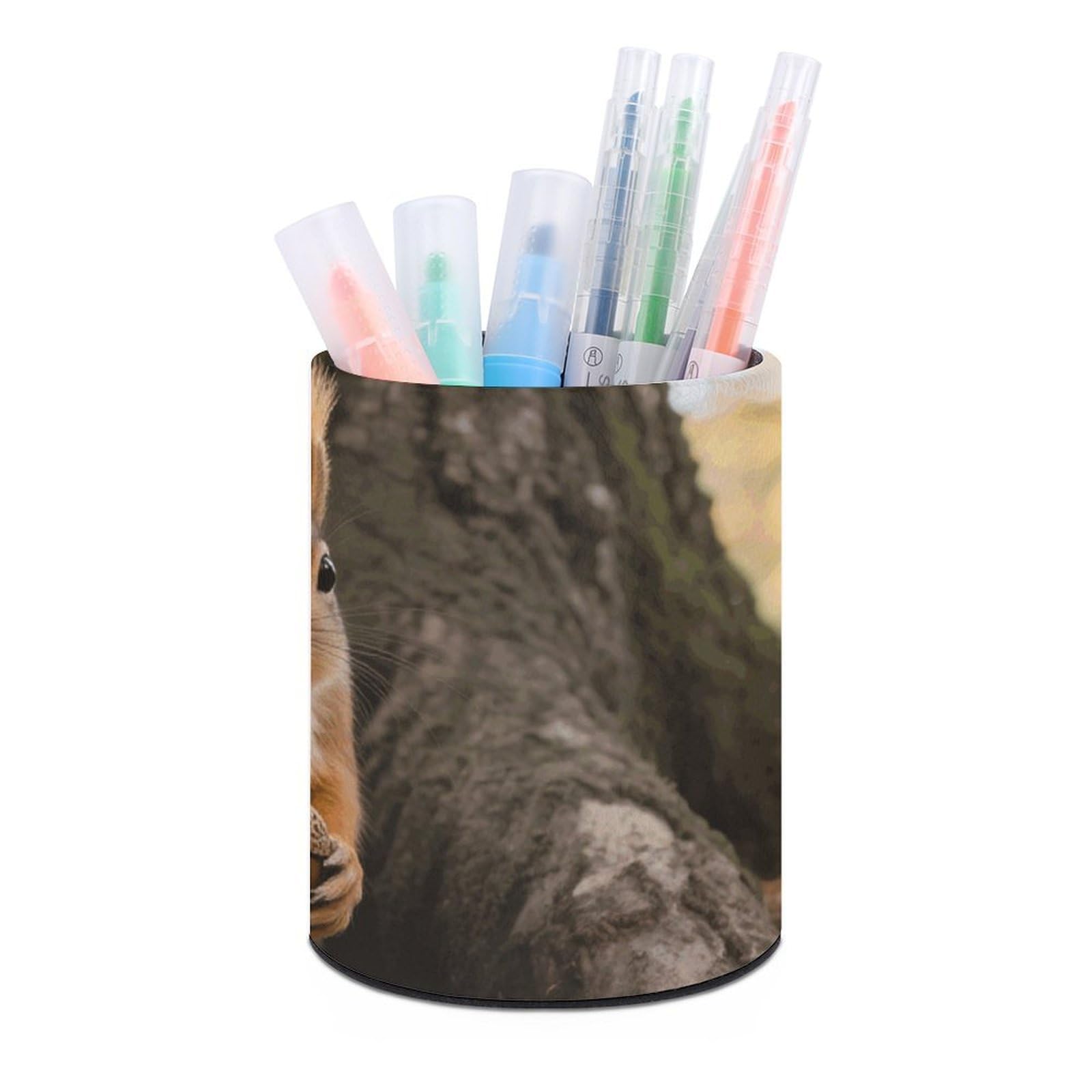 DWVTSLH Aesthetic Pen Holder for Desk - Modern Leather Pencil Holder - Stylish Round Makeup Brush Holder - Squirrel Pen Cup Cute And Functional Desk Organizer for Office Supplies