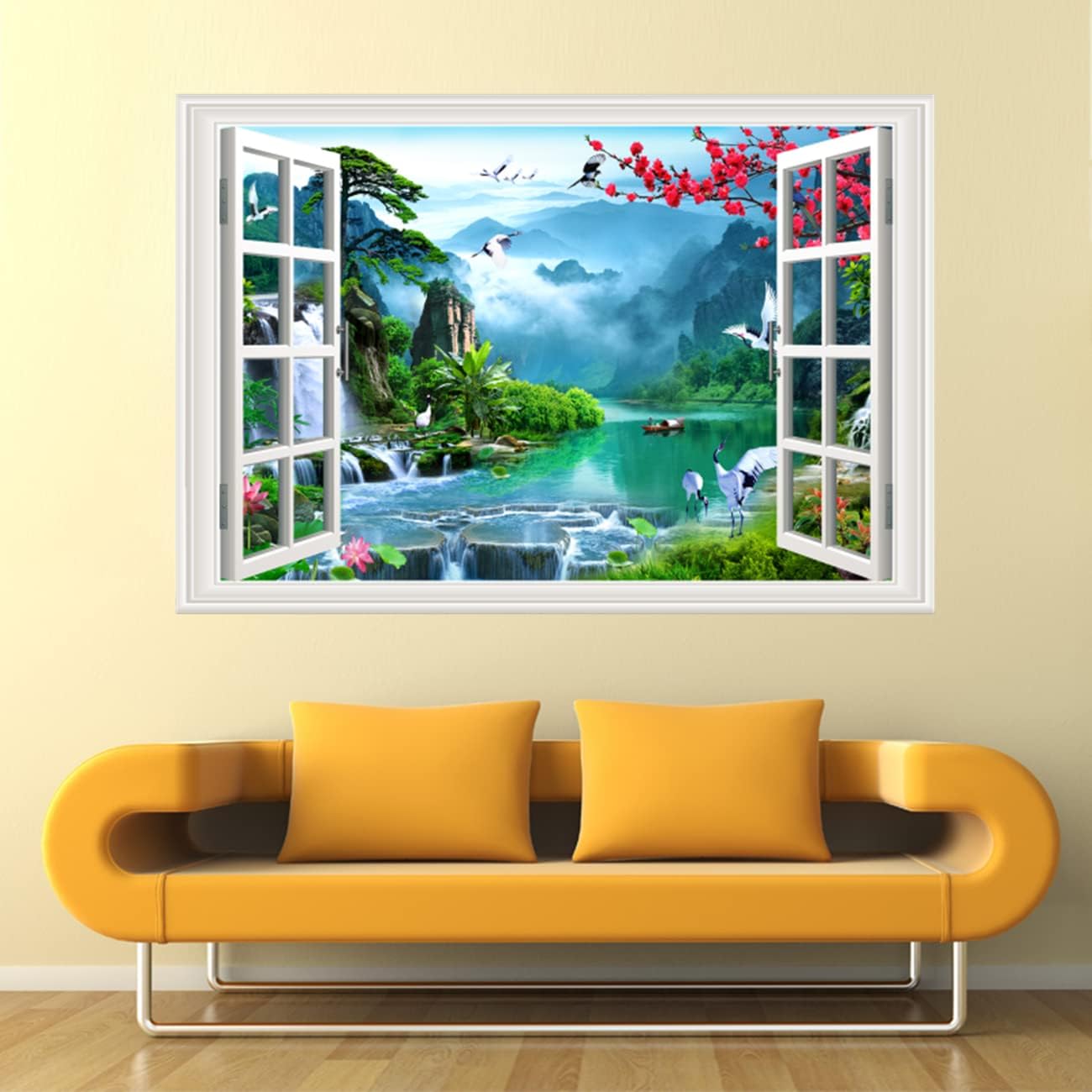 3D Self-Adhesive Painting Fake Window Wall Stickers Tropical Island with Palm Trees Wall Mural Window View Wall Decor for Home (17.3"×27.6", Landscape)