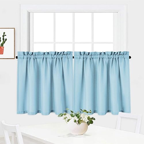Miniatura 59 de NANAN Tier Curtains for Kitchen 24 Inch, Waffle Weave Textured Tailored Short Curtains for Bathroom Waterproof Window Covering Kitchen Cafe Curtains