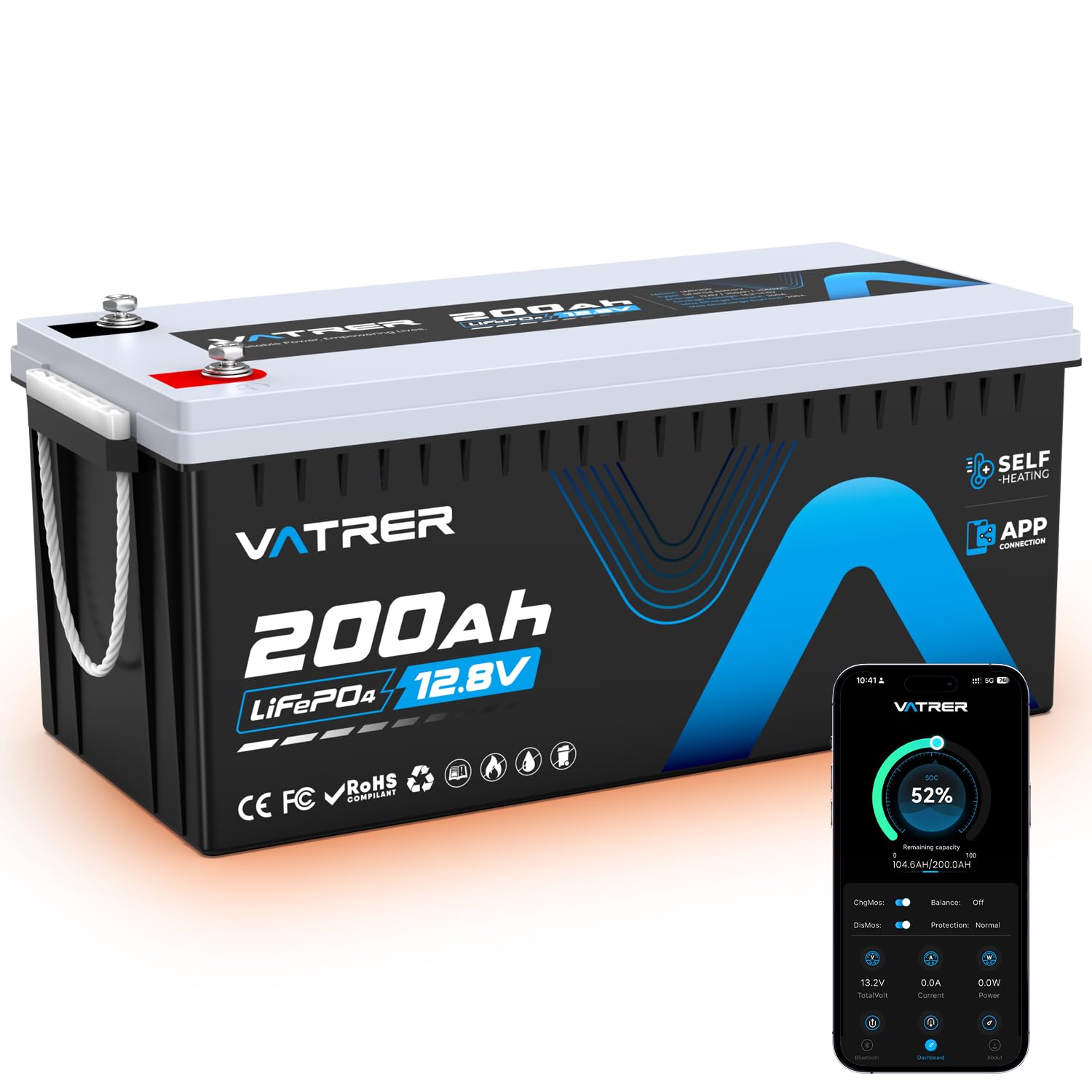 12V 200AH Bluetooth LiFePO4 Lithium Battery with Self-Heating, Built-in 200A BMS, Supports Low Temp Charging(-4°F), 5000+ Cycles, Perfect for RV/Camper, Solar, and Off-Grid Applications, etc.