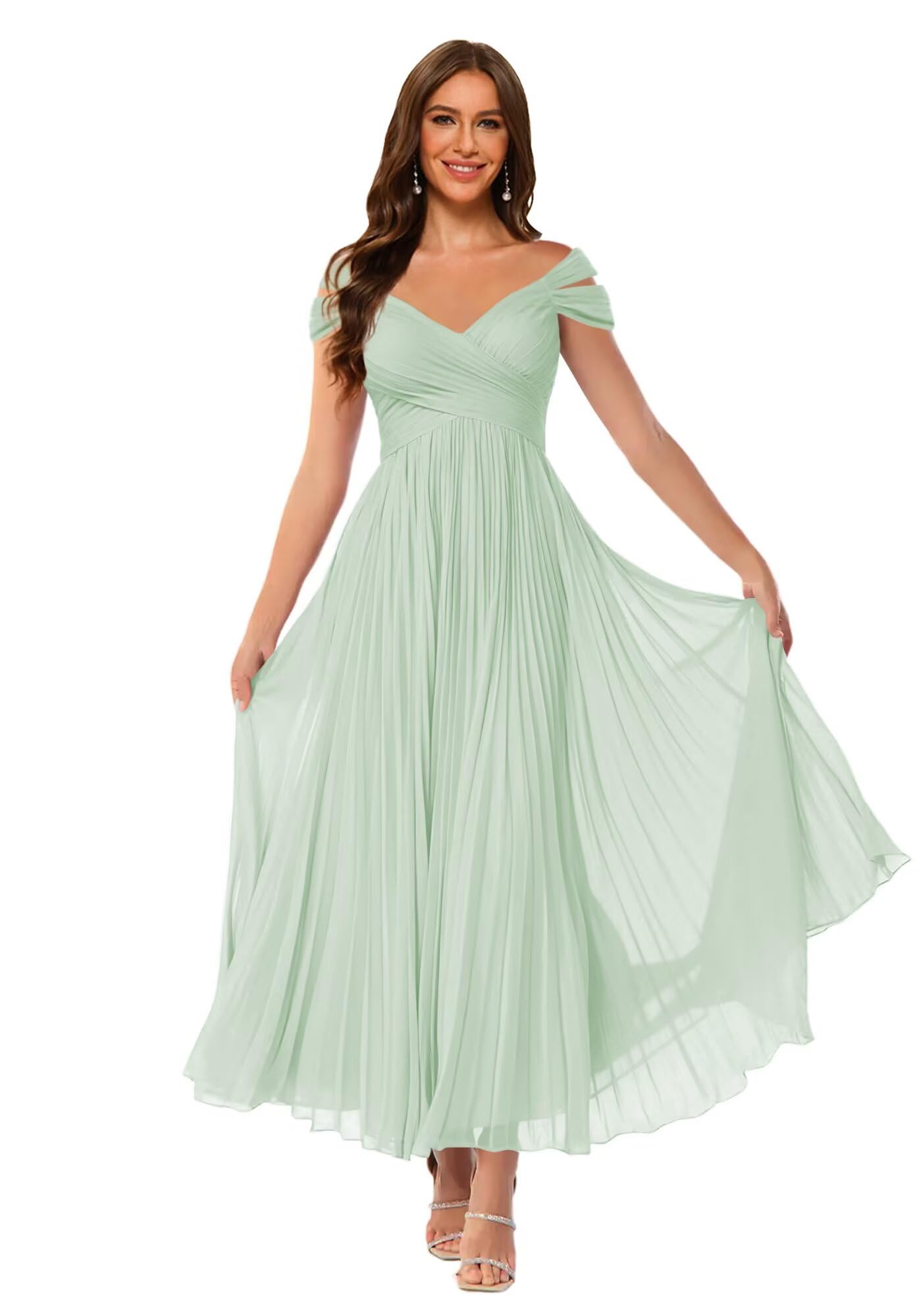 RSOETOO Women's Cold Shoulder Chiffon Bridesmaid Dresses Long Pleated A-line Formal Party Dress with Pockets RON009