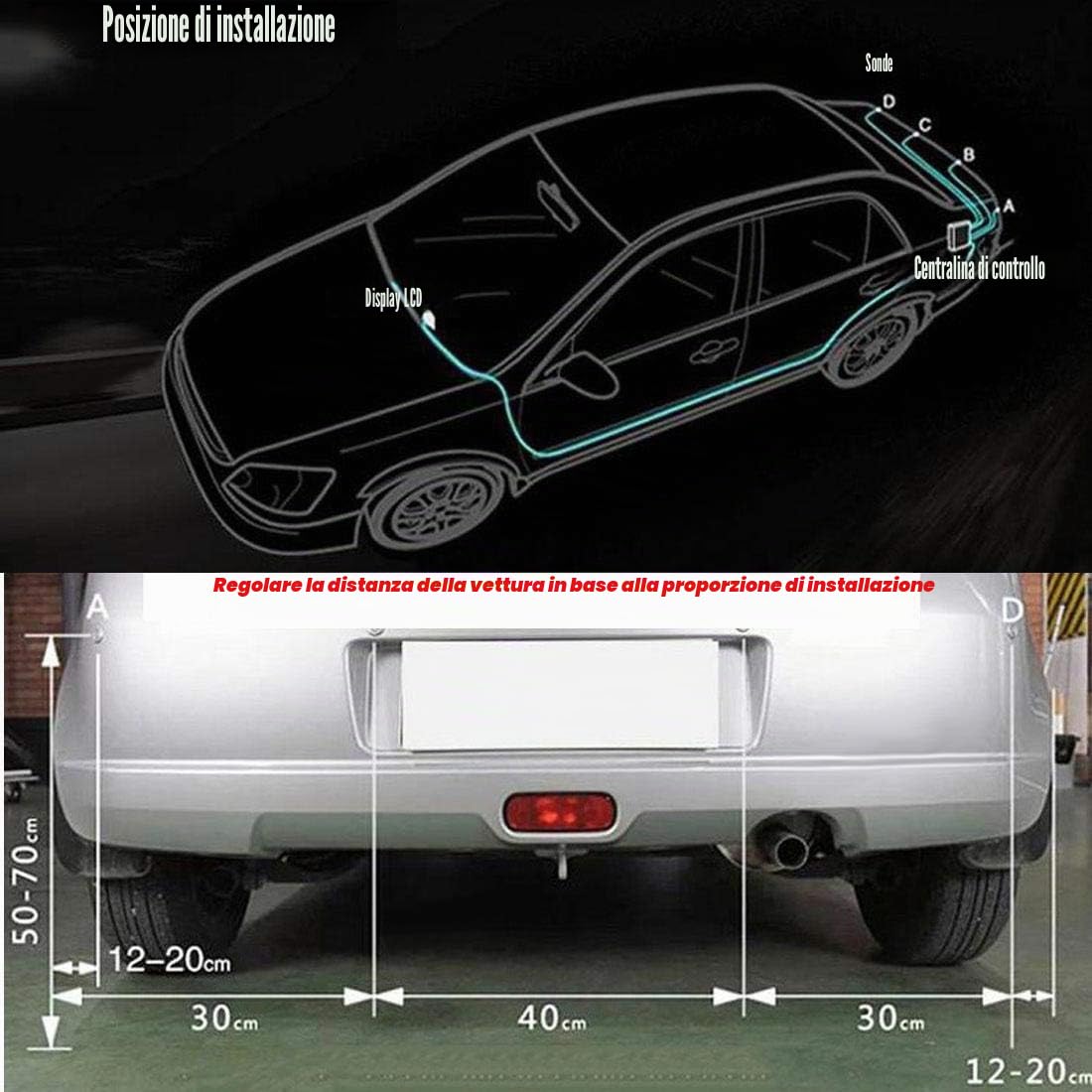 Sistema di sensori per parcheggio, con allarme acustico, impermeabile, con 4 sensori neri
