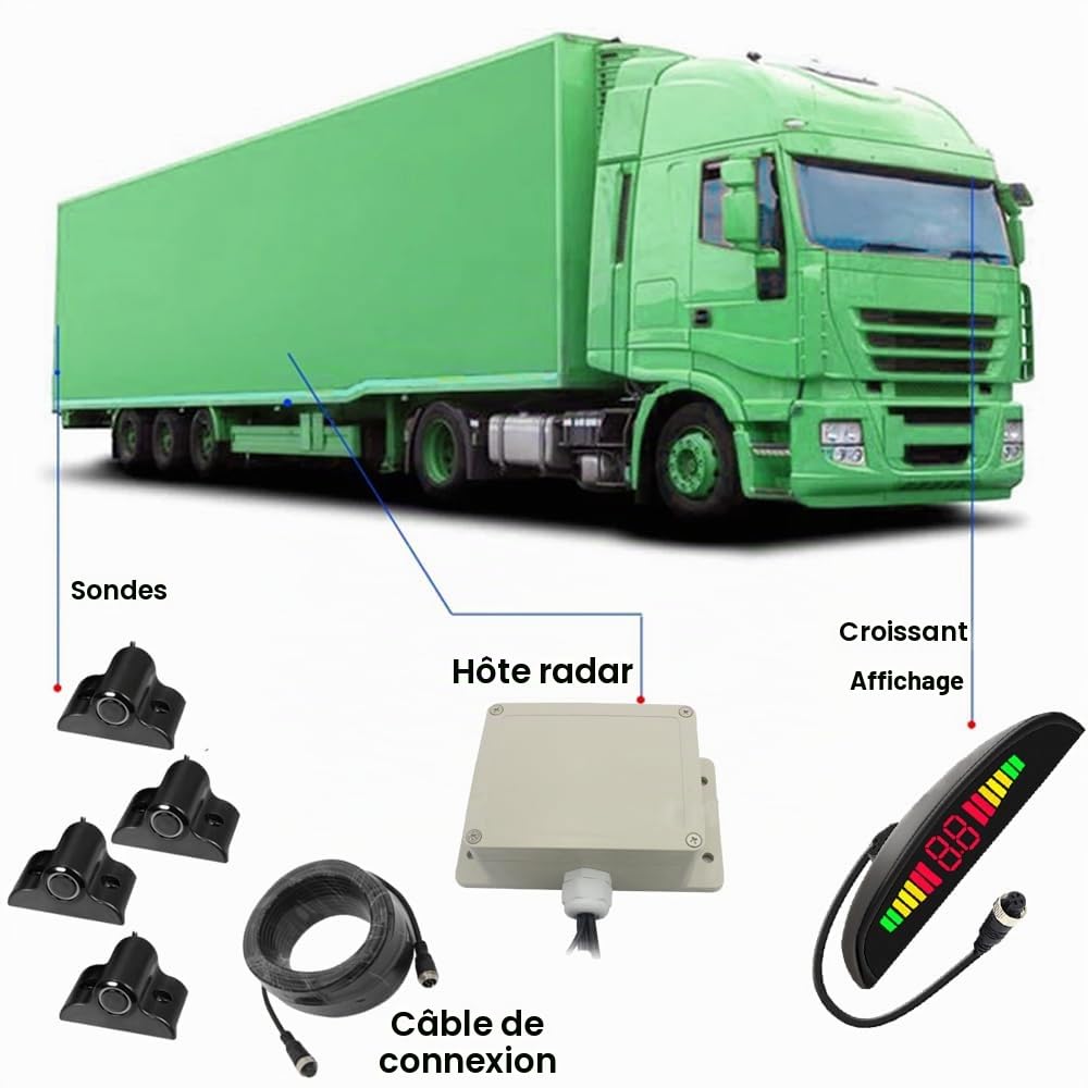Baceyong Système de capteur de recul de camion à LED, kit de capteur de stationnement, système d'indicateur d'alerte sonore de radar de recul