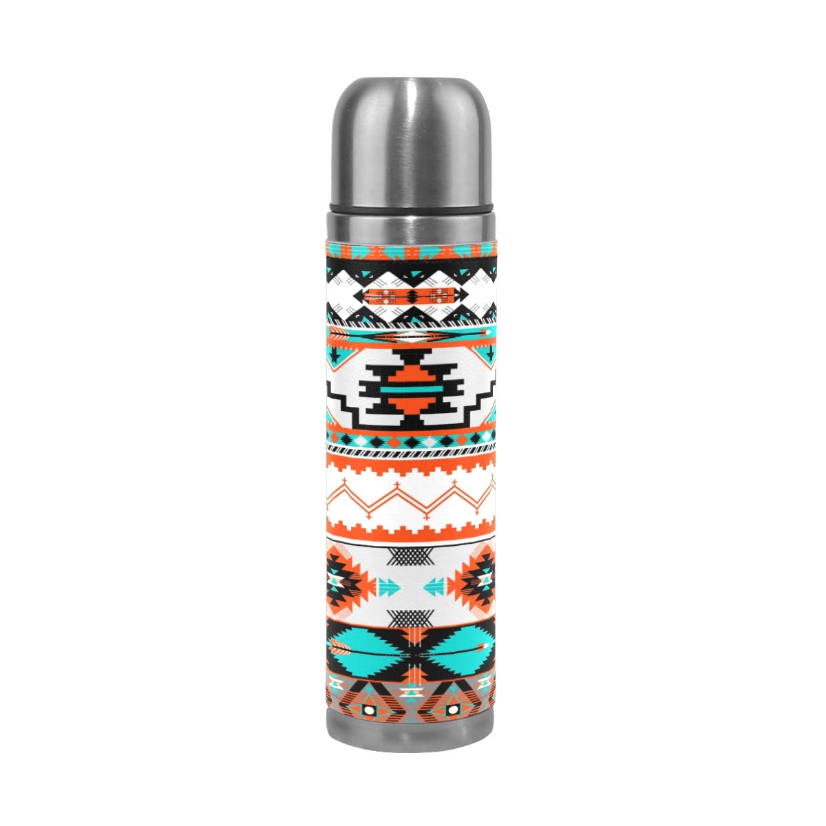 Taza de viaje aislada al vacío de acero inoxidable con doble pared a prueba de fugas, colorido, patrón azteca, impreso personalizado, termo envuelta en piel auténtica, 500 ml