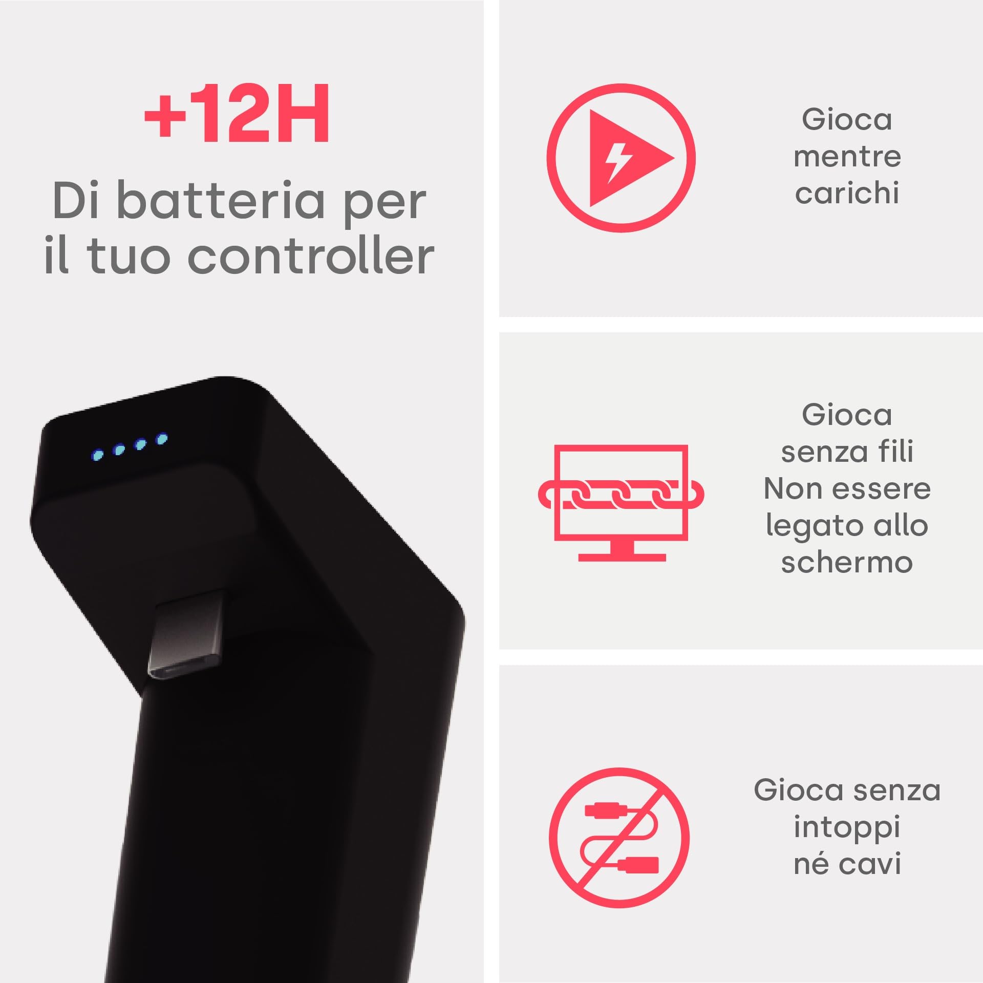 Remotto4 - Caricabatterie Wireless per Controller PS4 - +12 Ore di Autonomia - Batteria Portatile Facile da Trasportare - Nessun Cavo, Si Gioca Mentre Si Carica - Lunga Durata della Batteria