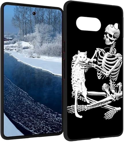 Funda compatible con Google Pixel 7, diseño de esqueleto de hueso, calavera y gato para Google Case para niñas y niños, funda delgada de silicona