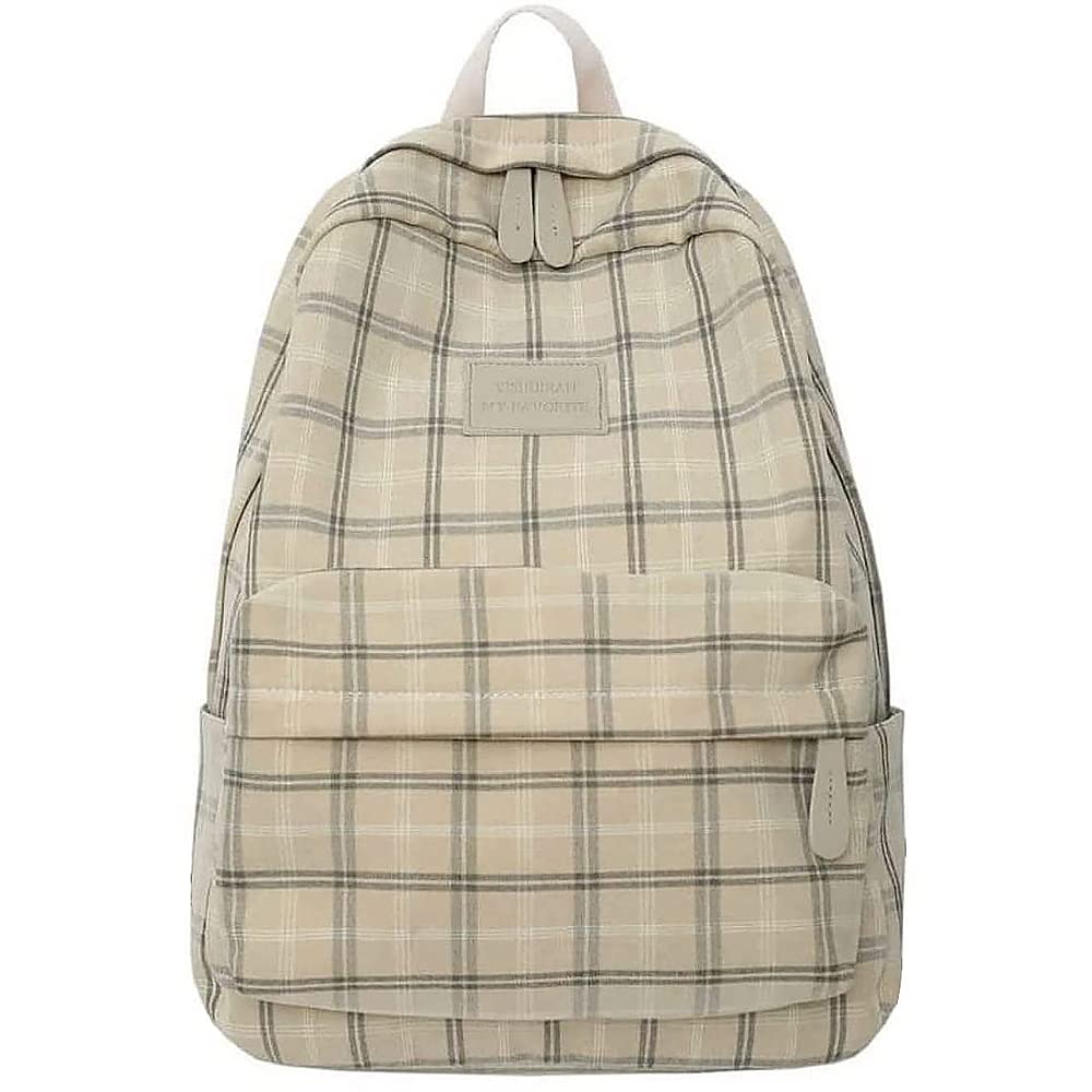 AoMoonAesthetic Backpack Kawaii Casual Plaid Daypack Preppy Backpack Back to School Light Academia Bookbags for Girls (Beige) One Size