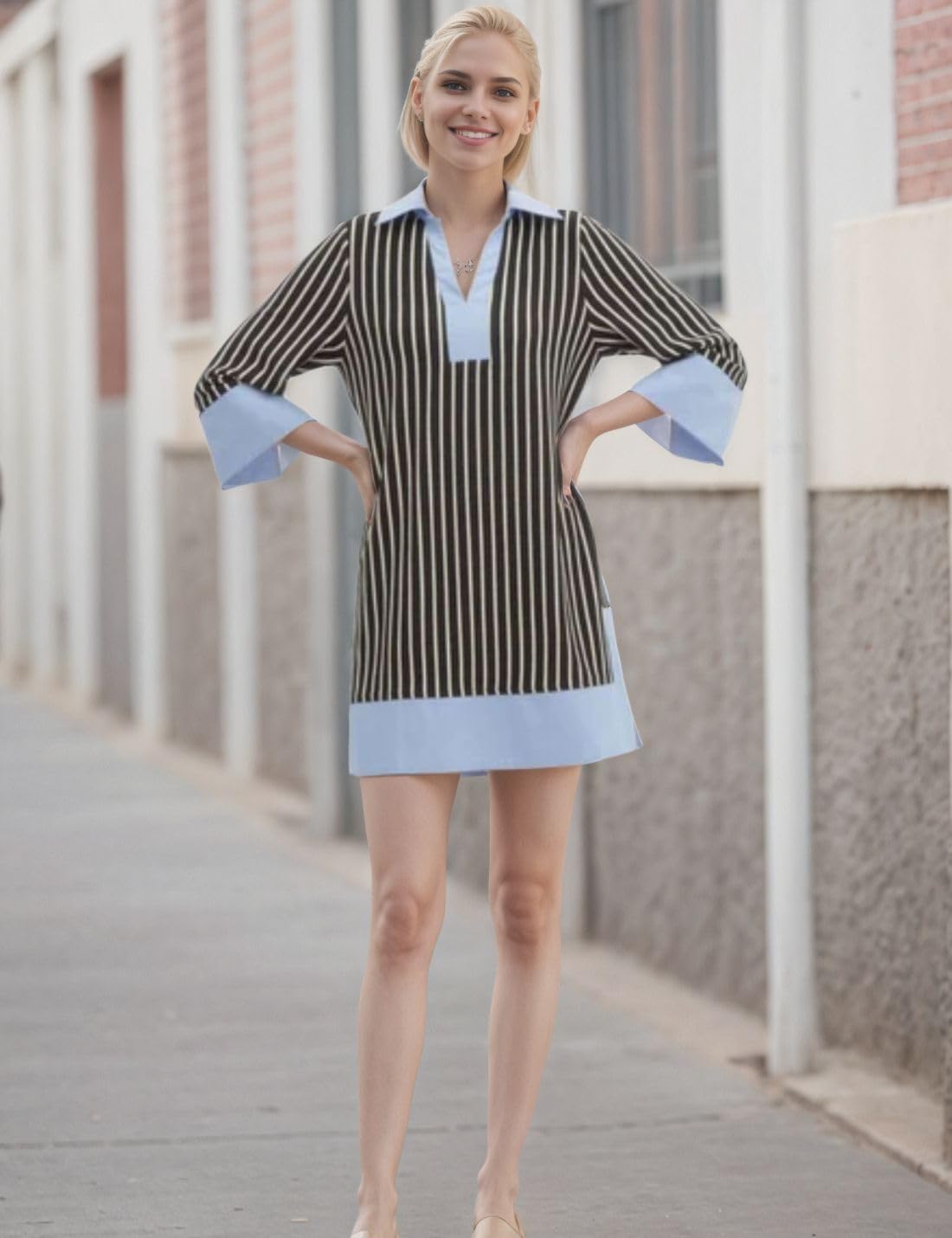 Kwoki Women's Striped Summer Mini Dress 2026 Casual Patchwork Lapel V Neck 3/4 Sleeve Elegant A Line T Shirt Dresses - Image 6