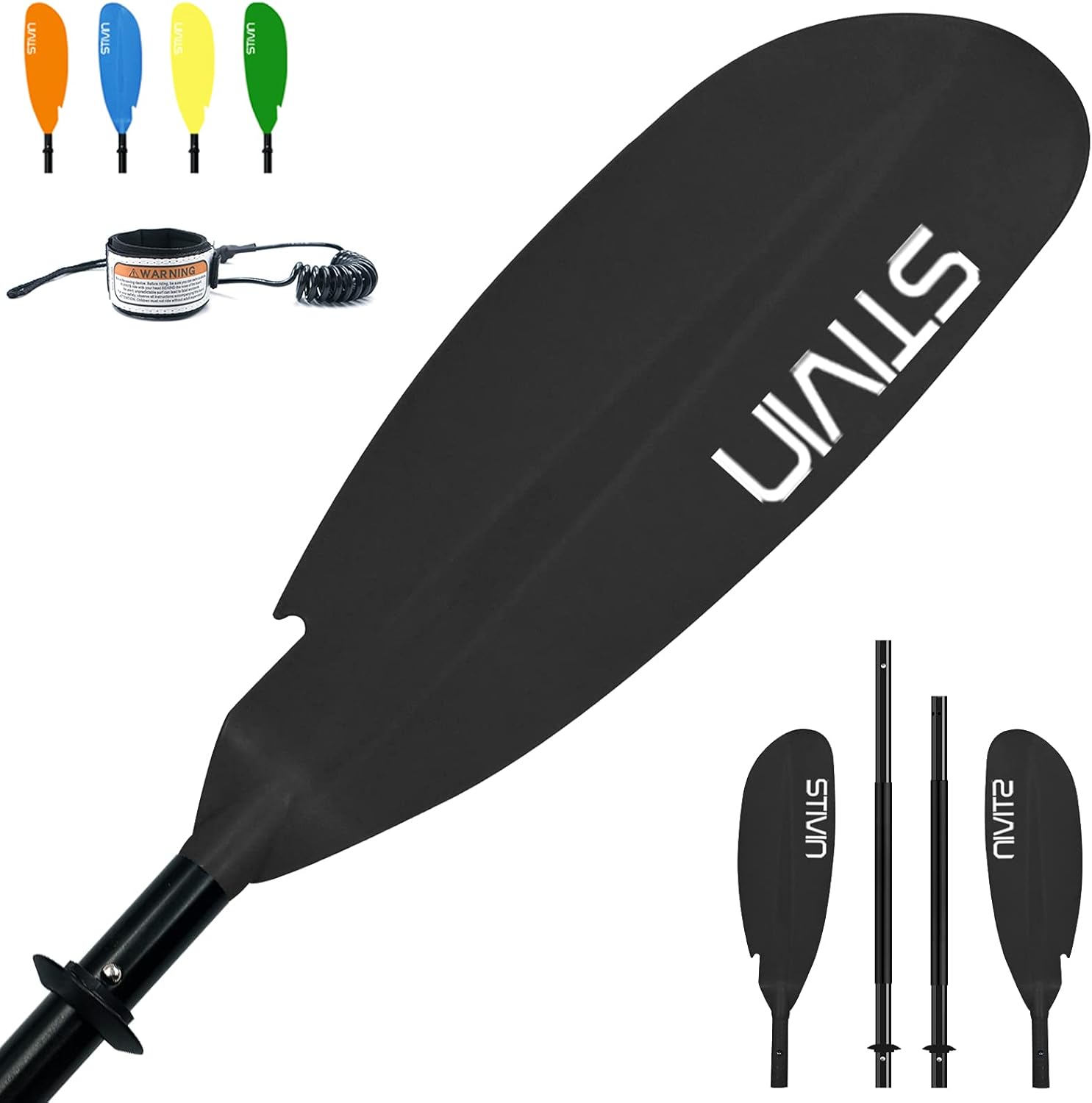 STIVIN 4 Piece Kayak Paddle with Leash 91.7inch 233cm Aluminum Alloy Shaft PP Blade Non-Slip Hand Grip Adjustable Angle Drip Rings Floating Oars Paddles for Kayaking Fishing Canoeing Touring(Black) : Sports & Outdoors