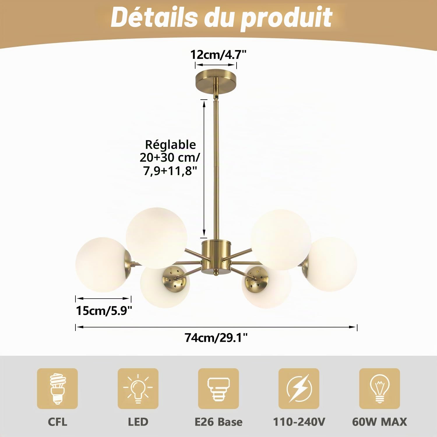 KCO Sputnik Lustre en forme de globe avec abat-jour en verre dépoli moderne en laiton pour cuisine, chambre à coucher (6 lumières)