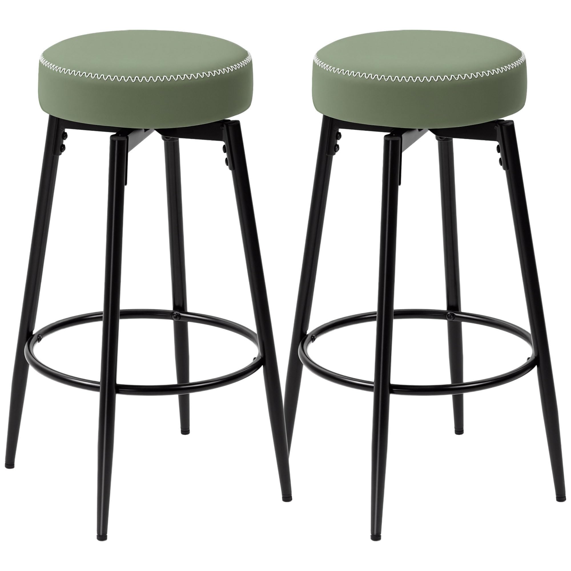 HOMCOM 360 Degree Swivel Bar Stools Set of 2, Kitchen Counter Stools with Footrest, Faux Leather with Stitching, Modern Barstools for Breakfast Island, 69 cm Tall, Green