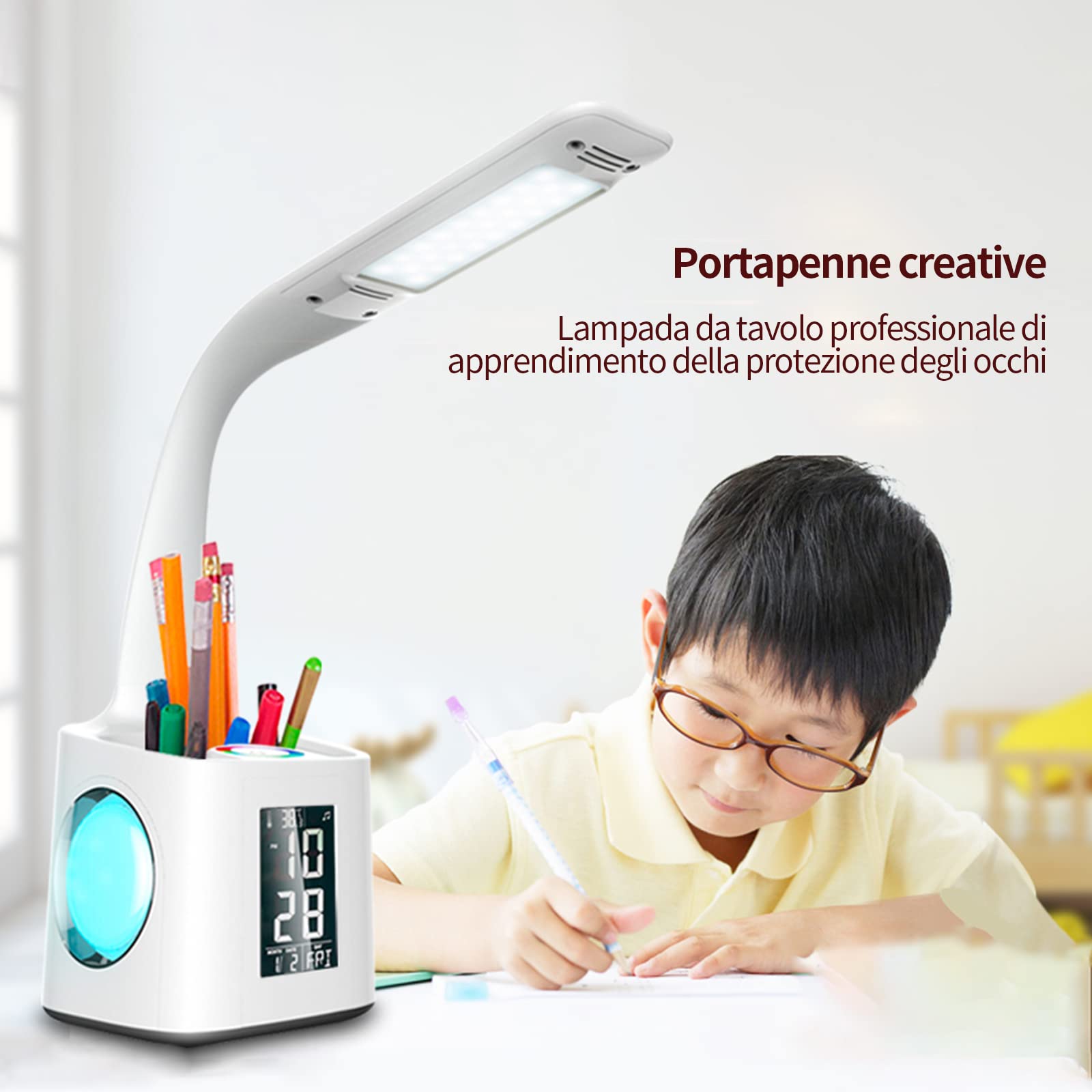 S.I.C Lampada da Scrivania a LED Dimmerabile.Lampada a Colori Per Studiare Con Orologio, Portaoggetti,Calendario, Display Lcd, Luce da Scrivania Led è Adatta Per La Casa, La Camera Da Letto