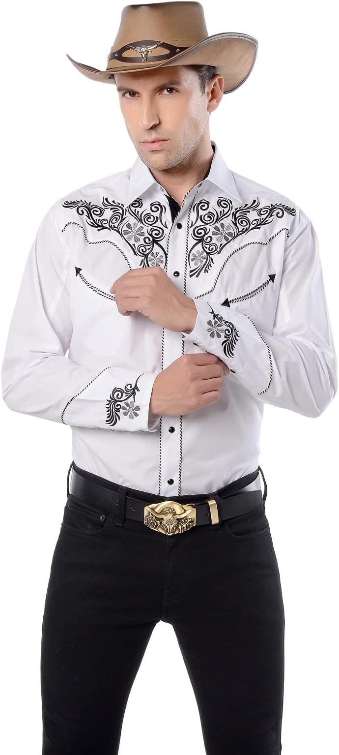 Men's Western Shirt Long Sleeve Embroidered Cowboy Casual Snap Button Shirt