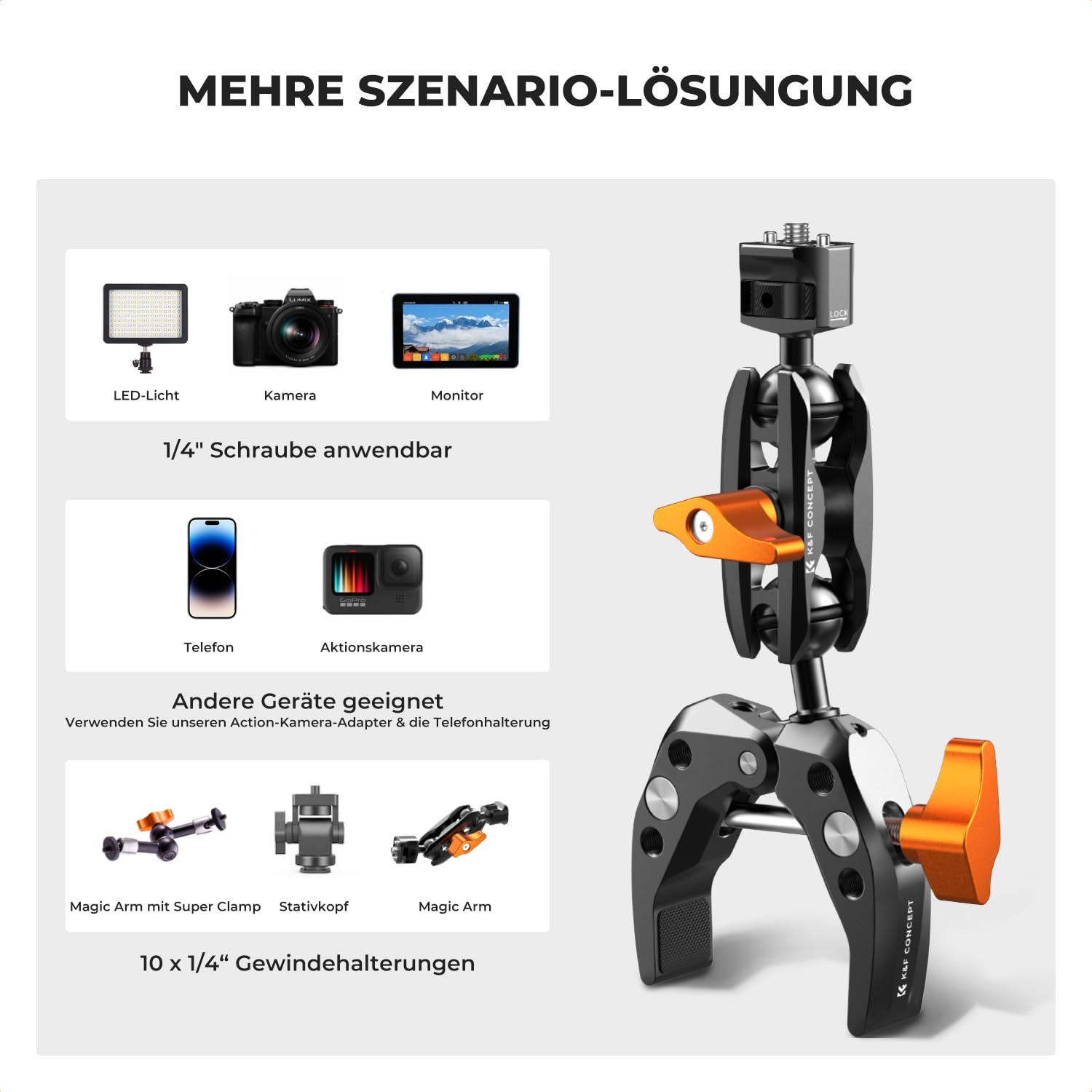 K&F CONCEPT MS13 Magic Arm mit Super Clamp,Super Klammer mit 360°Kugelkopfarm,Kamerahalterung Kompatible mit Blitzlicht/DSLR Kamera/Stabilisator,klemmstativ mit Handyhalterung