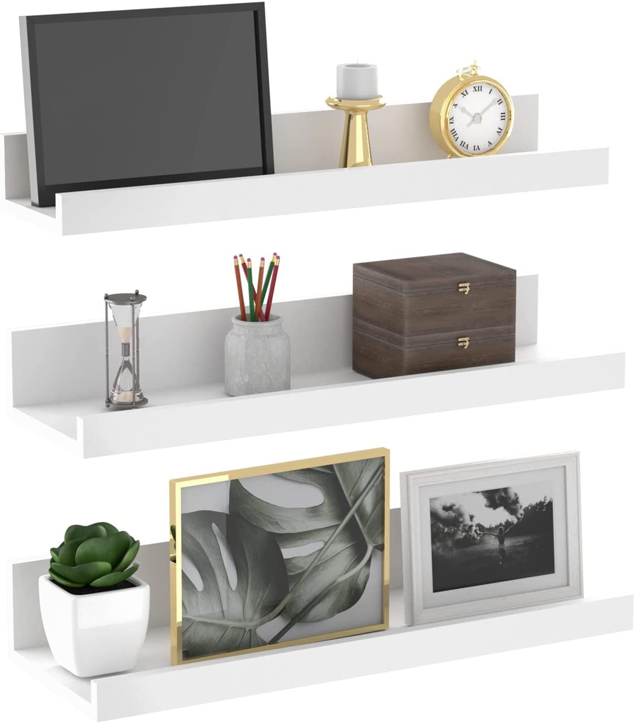 Floating Wall Shelf, Wall Mounted Storage Shelf, Picture Shelving Ledge, Decorative Shelf for Home Decoration Items Set of 3 for Living Room, Office, Bedroom, Bathroom (16 Inches, White)