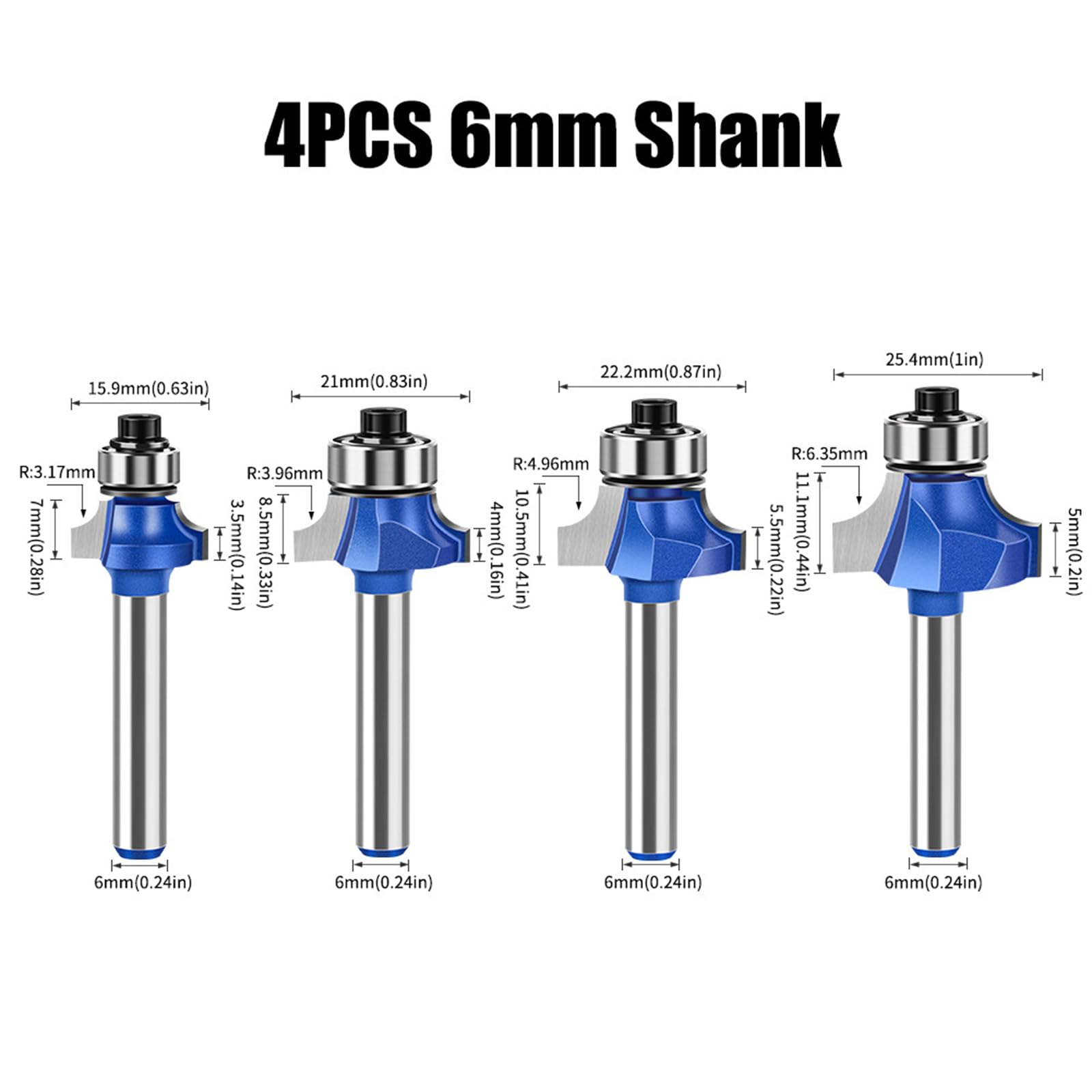 MACHSWON 4 PCS Round Over Router Bits 6mm Shank,Roundover Beading Router Bit Set,Tungsten Carbide Blades,Corner Rounding Edge-Forming,Round Over Edging Router Bits 3.17mm 3.96mm 4.96mm 6.35mm Radius - Image 2
