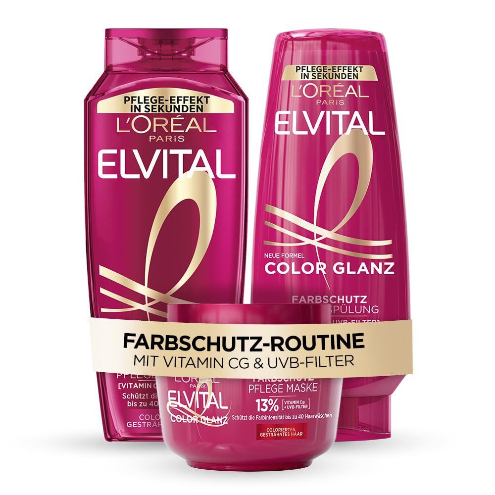 L'Oréal Paris Elvital Haarpflege-Routine für coloriertes und gesträhntes Haar: Color Glanz Farbschutz Set mit Vitamin CG & UVB-Filter, mit Shampoo 300ml, Spülung 250ml und Pflegemaske 300ml