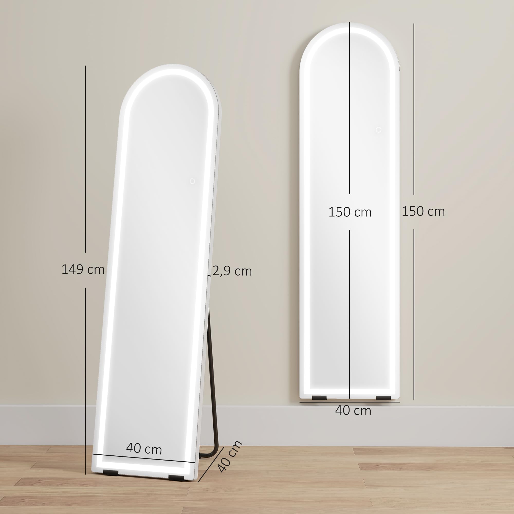 HOMCOM Ganzkörperspiegel mit Beleuchtung 150 x 40 cm Großer Bodenspiegel mit dimmbaren LEDs, 3 Lichtfarben, Memory-Funktion, gewölbt, zum Hängen oder Anlehnen an die Wand, für Schlafzimmer, Weiß