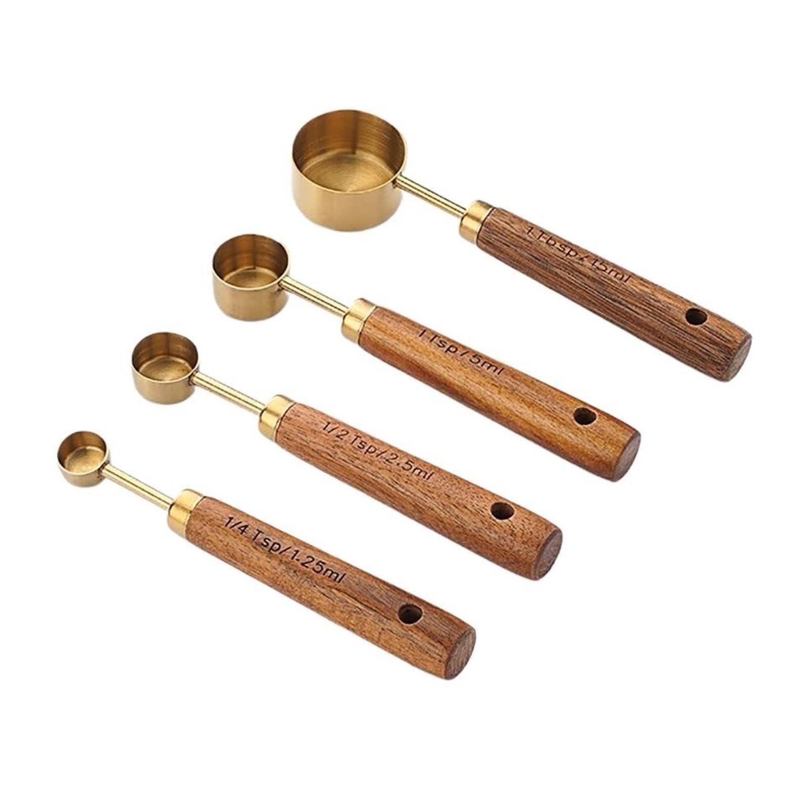 Vaso/cuchara medidora inox con mango de madera | Para café, condimentos y repostería; varias capacidades(4PCS L silver)