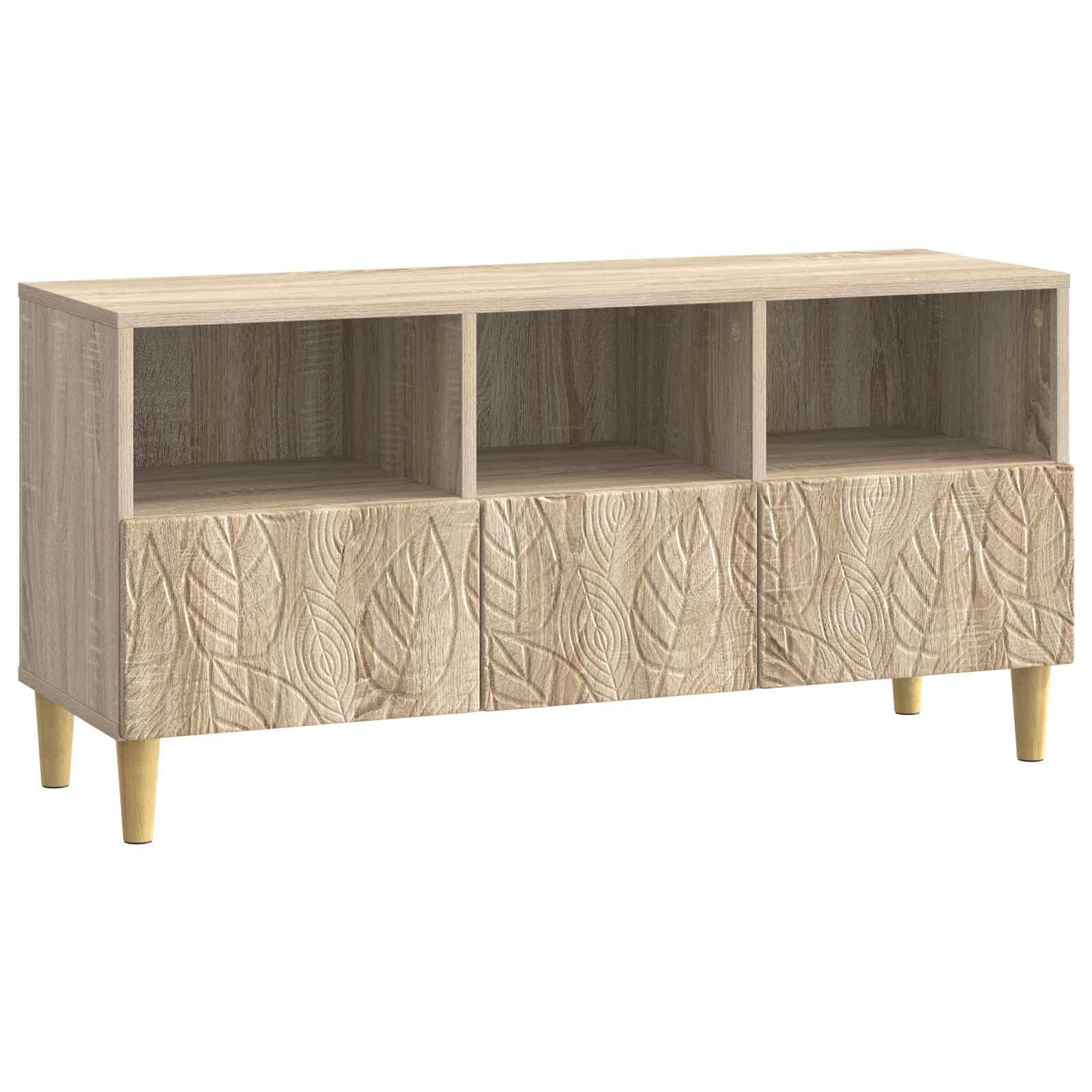 Mobile TV in rovere Sonoma, 102 x 34,5 x 50 cm, con 3 cassetti | Mobile basso robusto per soggiorno con 3 spaziosi cassetti, gambe in legno massiccio di eucalipto e superficie effetto rovere