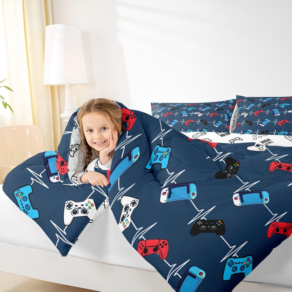 Castle Fairy Red Blue Gamer Comforter Set,Video Game Gamepad Bedding Set for Kids Girls Boys,Teens Adults Controller Comforter,Gaming Quilted Duvet Set Bedroom Collection Twin Size 2Pcs