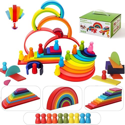 Wooden Rainbow Stack Set,45-Piece 4-in-1 Rainbow Stacking Toys Building Blocks