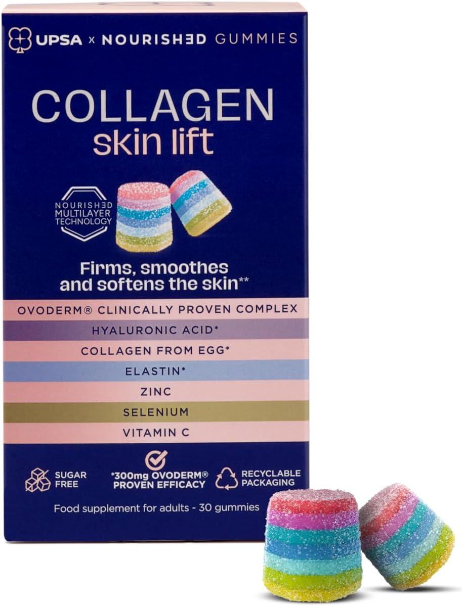 UPSA x Nourished 7-in-1 Skin Lift Collagen Gummies for Women – Vegetarian Collagen, Ovoderm® Complex, Vitamin C, Multivitamins – Collagen Supplements Skin Firmness and Smoothness – 30 Gummies