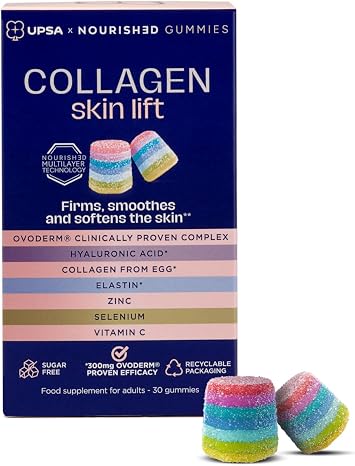UPSA x Nourished 7-in-1 Skin Lift Collagen Gummies - Vegetarian Formula - Ovoderm  Complex, Vitamin C & Multivitamins for Skin Firmness - 30 Gummies Take 2 a Day - Visible Results in 15 Days