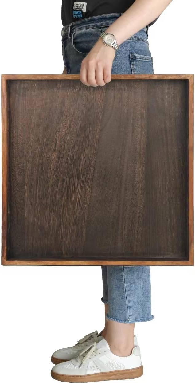 Gurfuy Extra Large Square Ottoman Table Tray 20" - Rustic Wooden Serving Tray for Farmhouse Decorative Oversized Coffee Table Trays Living Room Kitchen Counter Breakfast Brown