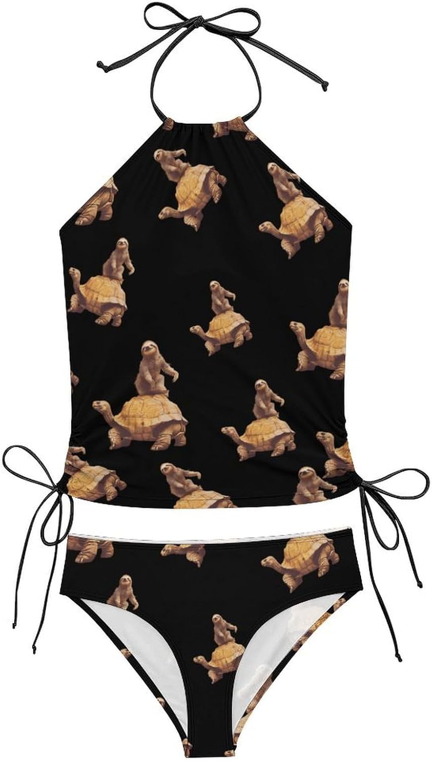 Sloth Riding on Turtle Funny Women's String Swimwear Set 2 Pcs Tankini Swimsuits Bathing Suit