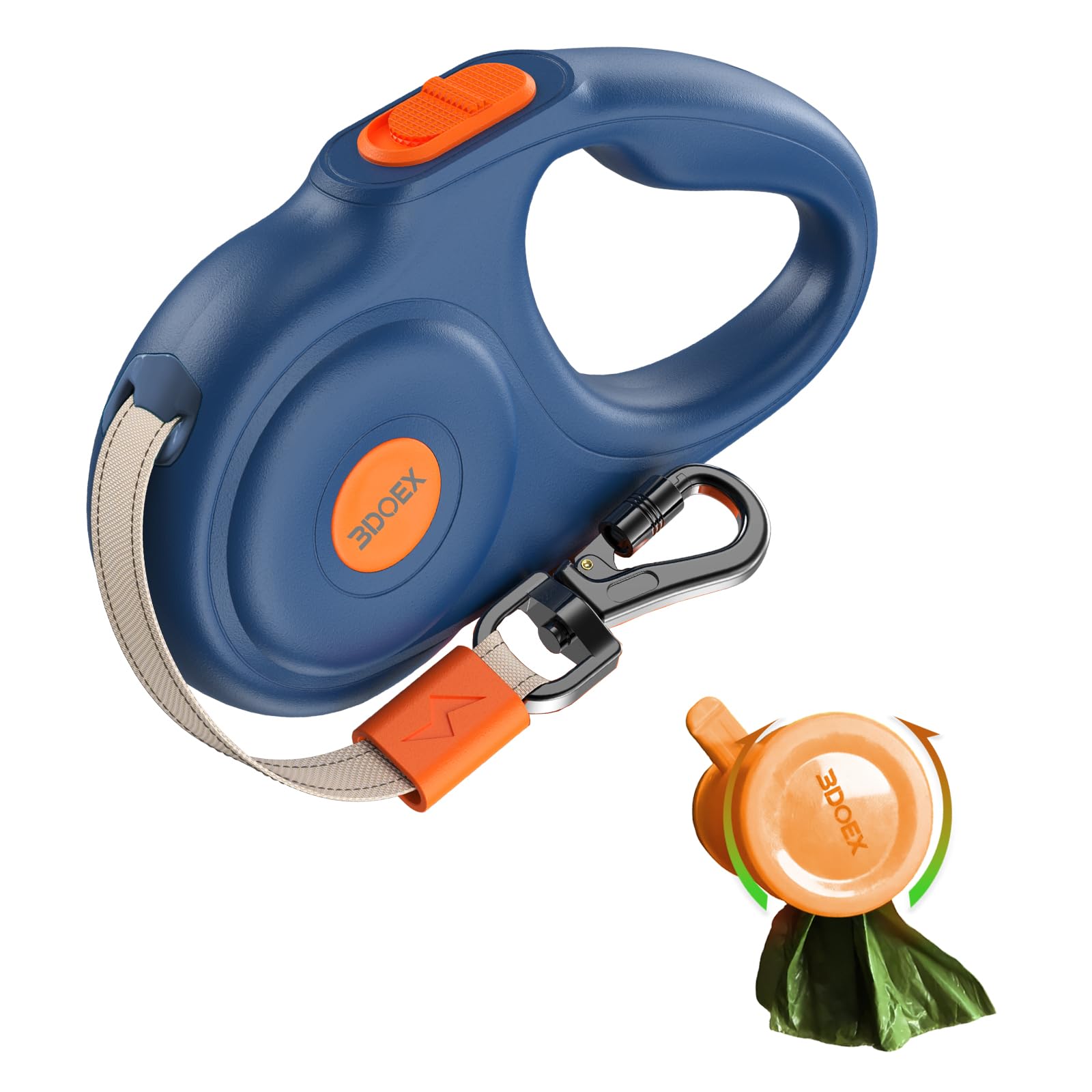 Laisse rétractable pour chiens de petite et grande taille, corde en nylon réfléchissante anti-morsure avec distributeur de sacs à déjections, mousqueton anti-explosion, poignée antidérapante (bleu