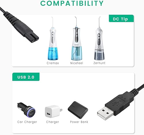 Miniatura 7 de Smays Cable de carga de repuesto para irrigador oral inalámbrico FC159 FC1591 FC2630 FC2631 FC156 FC152  Cable de alimentación USB 2 unidades