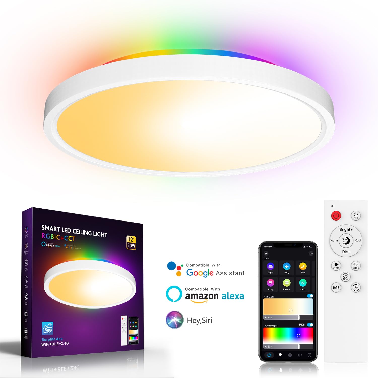 LED Ceiling Light, Smart RGBIC Flush Ceiling Lights Work with Alexa & Google Assistant, for Bedroom Living Room Kitchen, Round (2700-6500K)