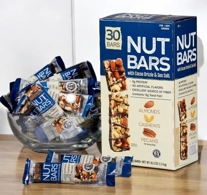 Kirklant Nut Bars – 30 Count (1.41 oz Each) – Almonds, Cashews & Pecans with Cocoa Drizzle and Sea Salt – Gluten Free, 5g Protein, High Fiber – Kosher Certified