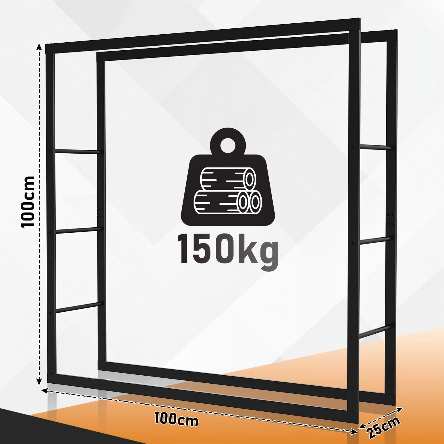 Ikodm Estantería de madera para chimenea - Metal - 100 x 25 x 150 cm - Almacenamiento de leña - Cobertizo exterior - Negro
