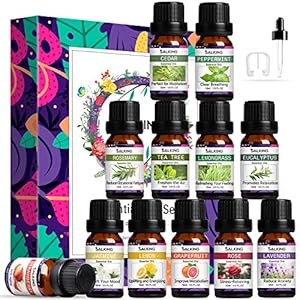 SALKING 12x10mL 100% Huile Essentielle Bio pour Diffuseurs, Lavande, Rose, Jasmin, Arbre à thé, Eucalyptus, Citronnelle, Romarin, Menthe poivrée, Cèdre,Citron, Pamplemousse,Fraise