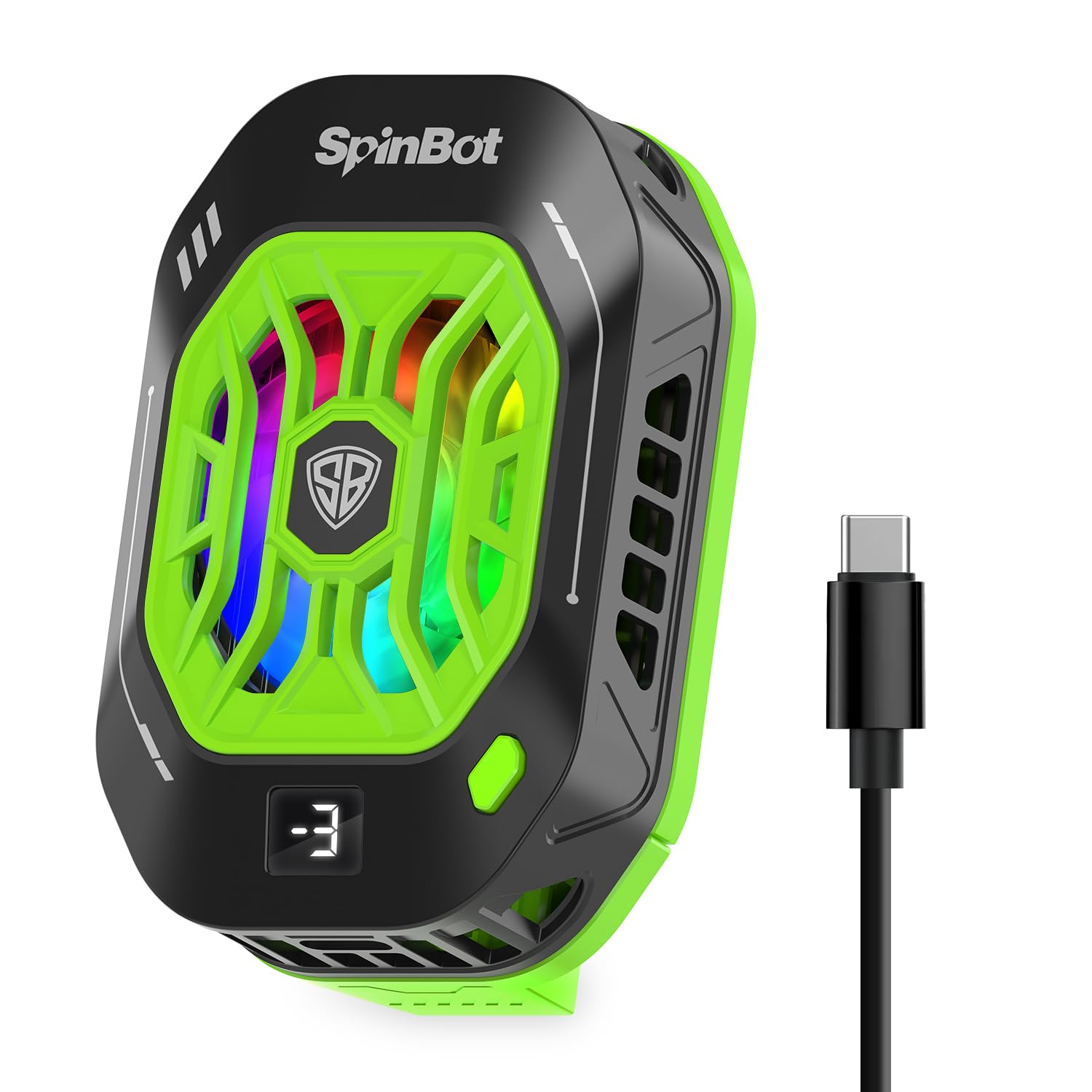 SpinBot IceDot Neo Semiconductor Technology Mobile Phone Cooler for Instant Cooling – Gaming Fan with Temperature Display, RGB Lighting, Android and iPhone Compatible (Black & Green)