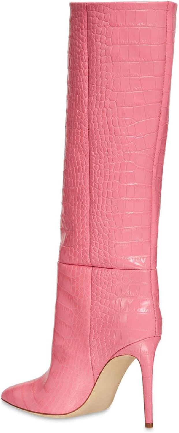 Women's Fashion Crocodile High Stiletto Heel Knee High Boots 3.94inch/10cm Pointed Closed Toe Pull On High Heel Long Boots Fall Winter Dressy Tall Boots for Women