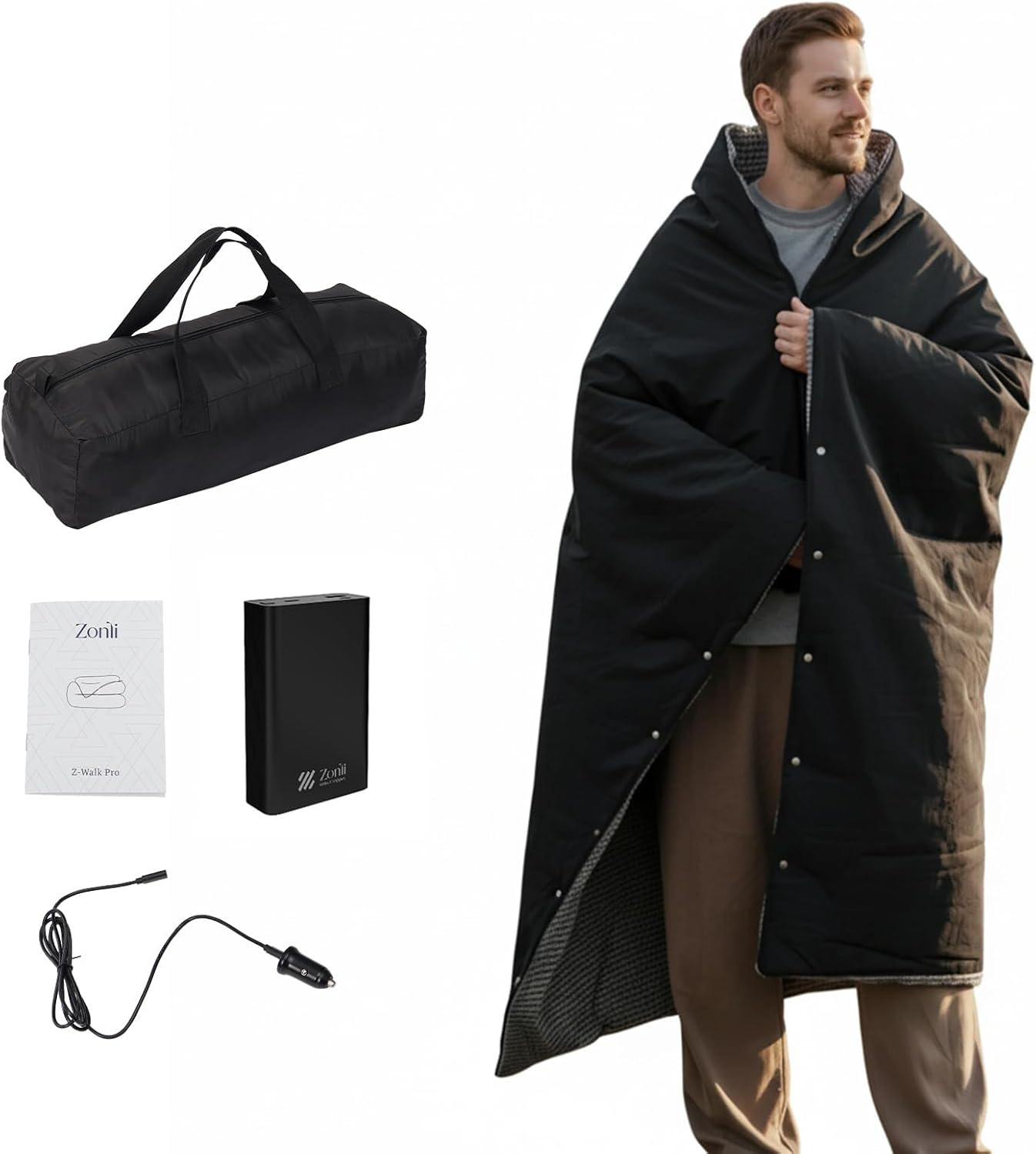 ZonLi Battery Heated Blanket Featuring 3M Thinsulate Fabric,Rechargeable 20V 40W Portable Heated Blanket with 3 Heating Levels,Includes 20000mAh Power Bank for Camping,Car,Stadium,Outdoors(Black)